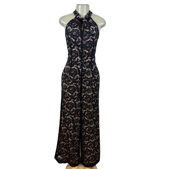 Julia Jordan Black & Nude Women’s Floral Lace Jumpsuit Halter Neck Sz 12 - Picture 1 of 13